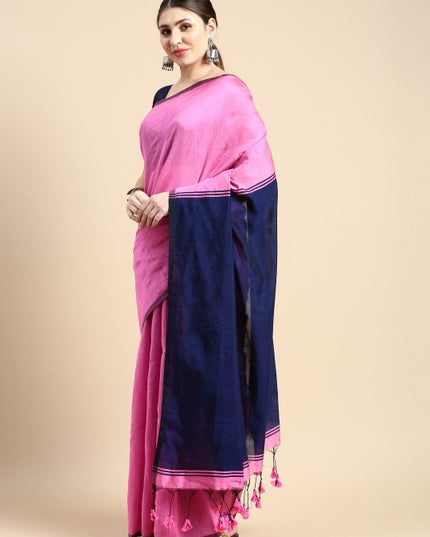 DESH BIDESH Ghicha Cotton Colourblocked Saree: Elegant Pink & Blue with Solid Border