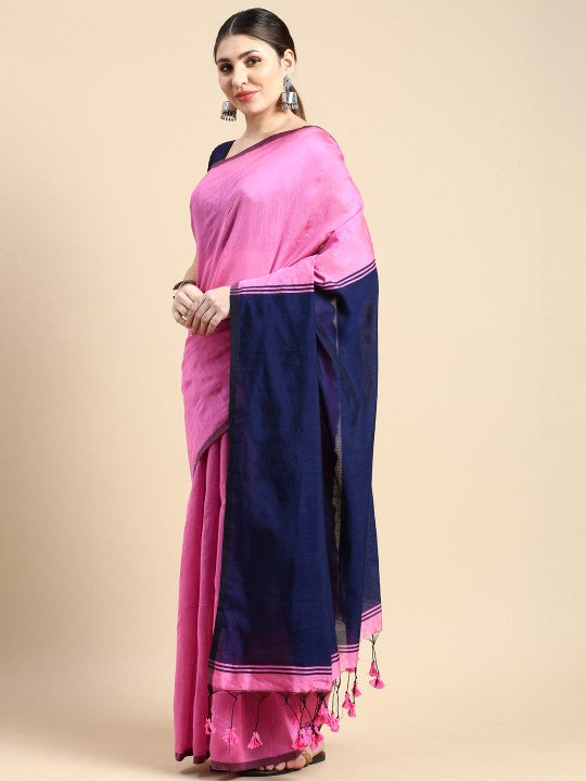 DESH BIDESH Ghicha Cotton Colourblocked Saree: Elegant Pink & Blue with Solid Border