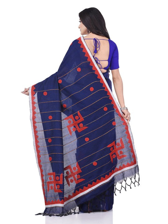 DESH BIDESH Striped Swastik Designed Pure Cotton Traditional Taant Saree