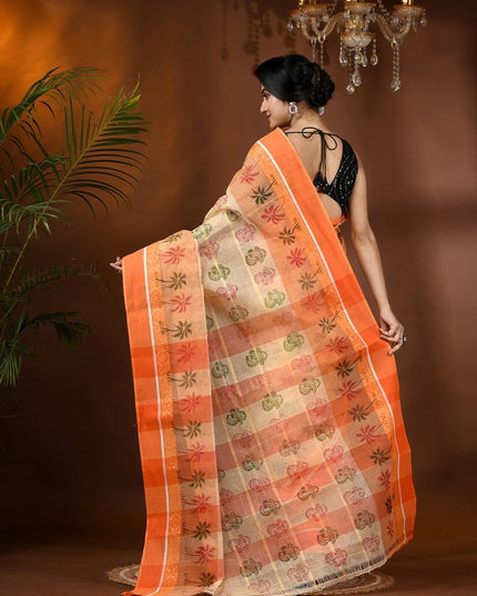 Exquisite Floral Pure Cotton Block Print Saree with Solid Border and Blouse Piece