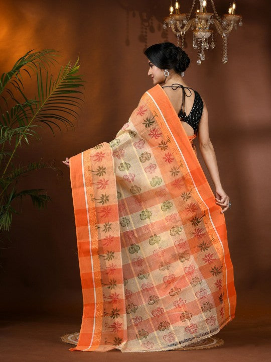Exquisite Floral Pure Cotton Block Print Saree with Solid Border and Blouse Piece