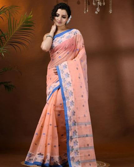 Exquisite Peach & Blue Pure Handloom Cotton Tant Saree with Woven Leaf Design