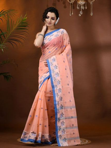 Exquisite Peach & Blue Pure Handloom Cotton Tant Saree with Woven Leaf Design