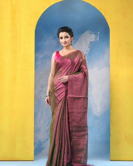 DESH BIDESH Magenta & Gold-Toned Tissue Taant Saree for Women - Traditional Weave with No Border