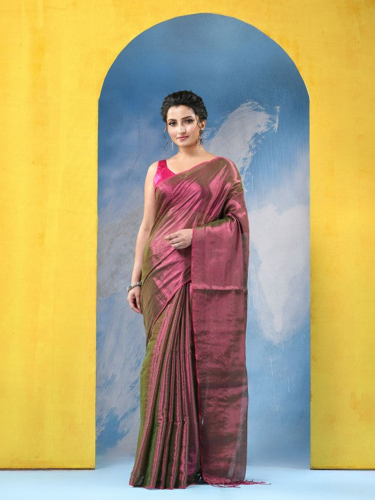 DESH BIDESH Magenta & Gold-Toned Tissue Taant Saree for Women - Traditional Weave with No Border