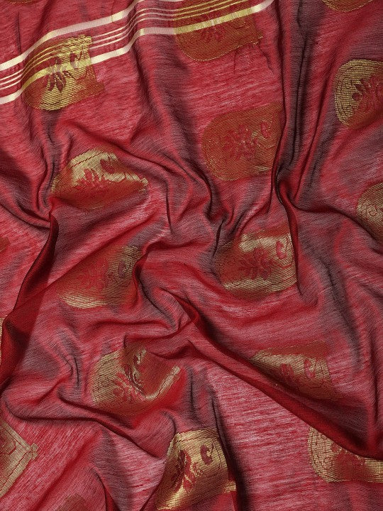 DESH BIDESH Maroon & Golden Ethnic Design Pure Cotton Taant Saree