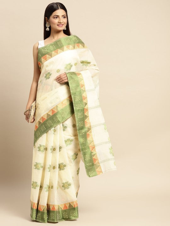 DESH BIDESH Off White & Green Ethnic Motifs Pure Cotton Taant Saree