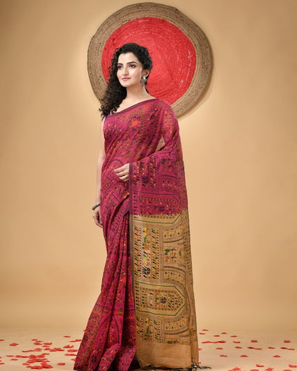 DESH BIDESH Traditional Warli Block Print Saree with Tassels and Blouse Piece