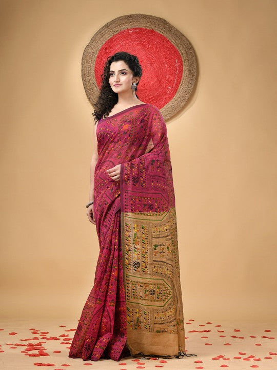 DESH BIDESH Traditional Warli Block Print Saree with Tassels and Blouse Piece