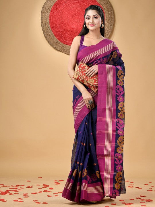 DESH BIDESH Floral Woven Pure Cotton Taant Saree for Women