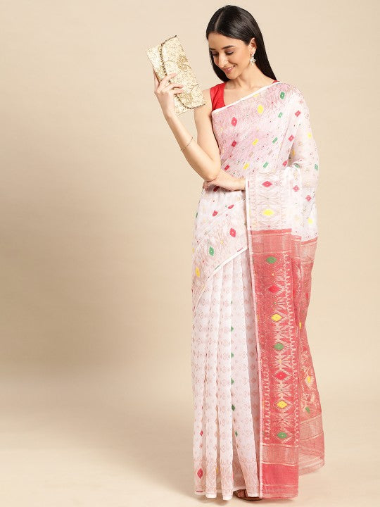 DESH BIDESH Woven Design Ethnic Motifs Pure Cotton Jamdani Saree
