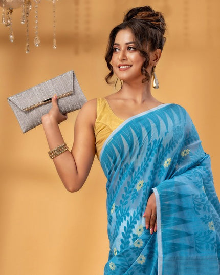 Exquisite Blue White Jamdani Saree: Pure Cotton Floral Woven Design Sari