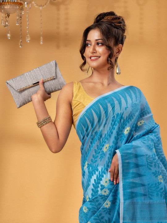 Exquisite Blue White Jamdani Saree: Pure Cotton Floral Woven Design Sari