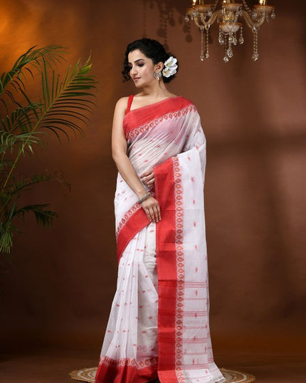 Exquisite White & Red Pure Cotton Taant Saree with Ethnic Motifs
