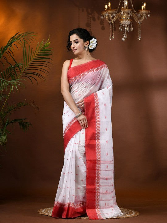 Exquisite White & Red Pure Cotton Taant Saree with Ethnic Motifs