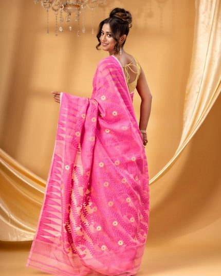 Exquisite Pink Gold-Toned Pure Cotton Jamdani Saree with Ethnic Woven Motifs