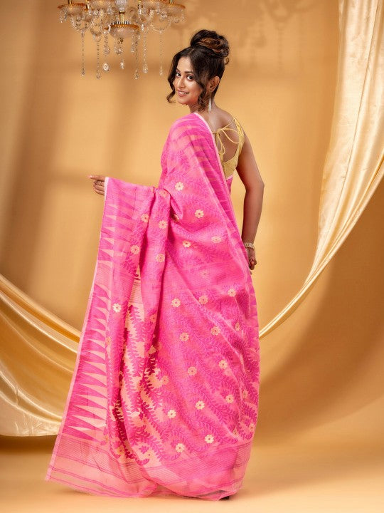 Exquisite Pink Gold-Toned Pure Cotton Jamdani Saree with Ethnic Woven Motifs