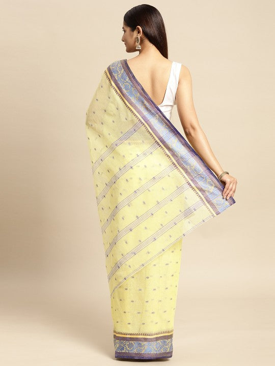 DESH BIDESH Yellow & Grey Ethnic Motifs Pure Cotton Taant Saree