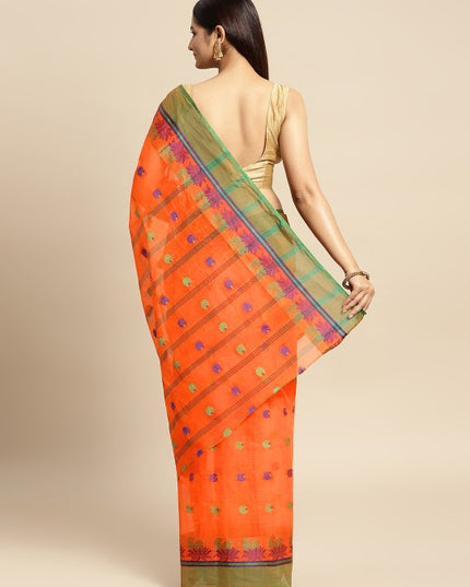 DESH BIDESH Orange & Green Ethnic Motifs Pure Cotton Taant Saree