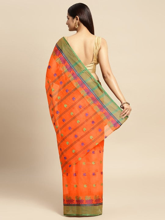 DESH BIDESH Orange & Green Ethnic Motifs Pure Cotton Taant Saree