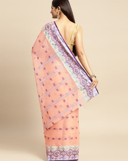 DESH BIDESH Peach Coloured & Grey Ethnic Motifs Pure Cotton Taant Saree