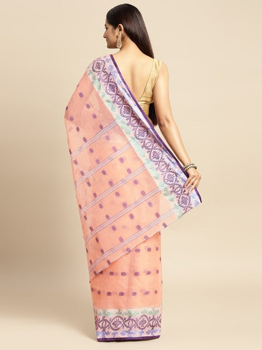 DESH BIDESH Peach Coloured & Grey Ethnic Motifs Pure Cotton Taant Saree