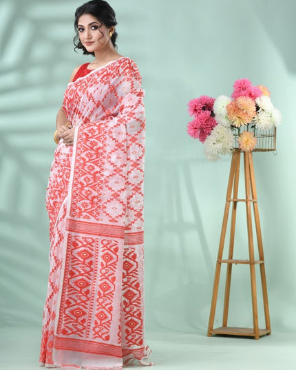 DESH BIDESH Red & White Jamdani Saree with Woven Design Motifs