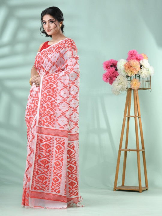 DESH BIDESH Red & White Jamdani Saree with Woven Design Motifs