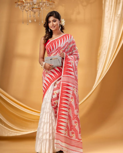 Red Cream Woven Pure Cotton Jamdani Saree with Floral Design Border