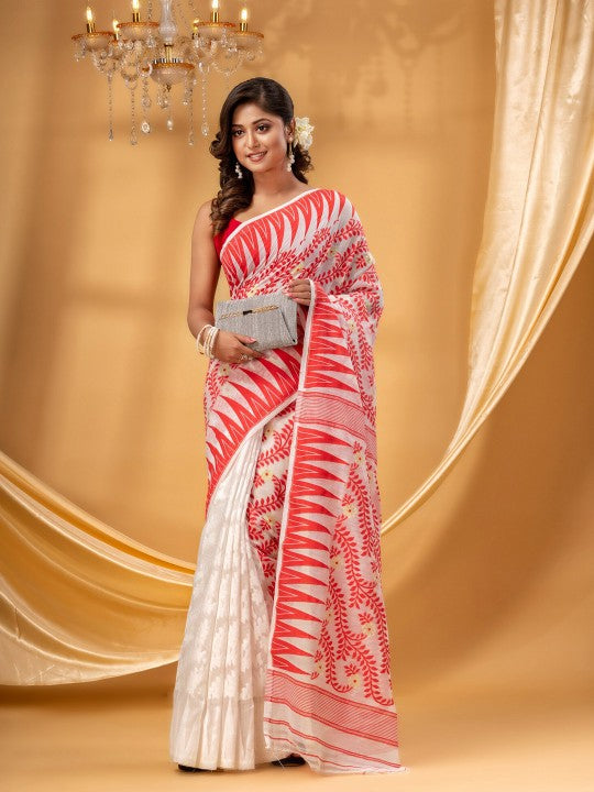 Red Cream Woven Pure Cotton Jamdani Saree with Floral Design Border