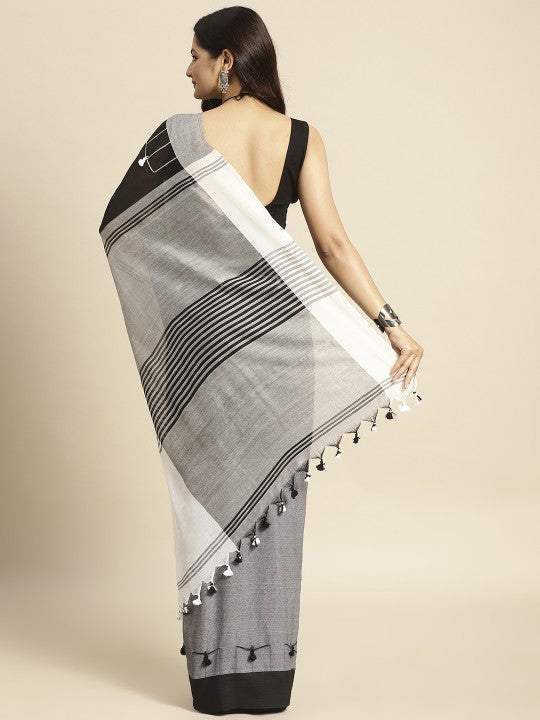 DESH BIDESH Black & Grey Woven Design Pure Cotton Taant Saree