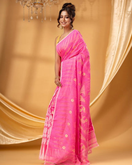 Exquisite Pink Gold-Toned Pure Cotton Jamdani Saree with Ethnic Woven Motifs
