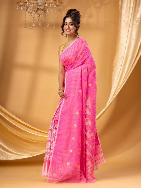 Exquisite Pink Gold-Toned Pure Cotton Jamdani Saree with Ethnic Woven Motifs