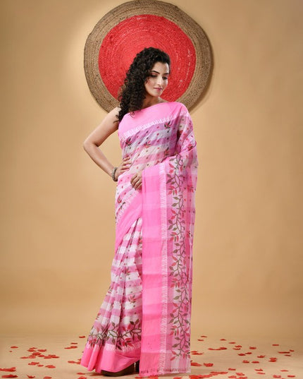 DESH BIDESH Pink Floral Pure Cotton Block Print Saree without Blouse