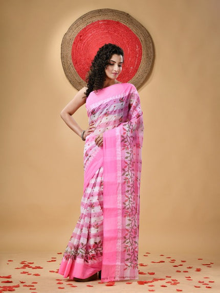 DESH BIDESH Pink Floral Pure Cotton Block Print Saree without Blouse