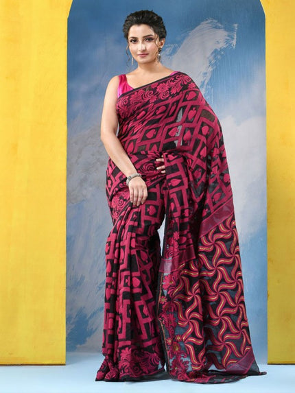 DESH BIDESH Ethnic Motifs Handloom Jamdani Saree with Contrast Border