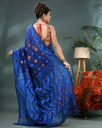 Elegant Blue Jamdani Saree with Woven Ethnic Motifs and Zari Work