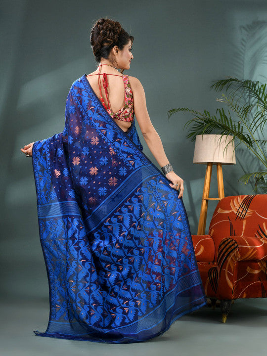 Elegant Blue Jamdani Saree with Woven Ethnic Motifs and Zari Work