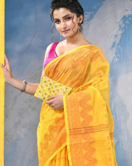 DESH BIDESH Yellow Orange Floral Woven Design Zari Saree with Unstitched Blouse Piece