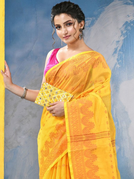 DESH BIDESH Yellow Orange Floral Woven Design Zari Saree with Unstitched Blouse Piece