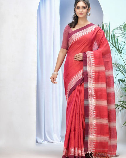 Exquisite Red & White Woven Design Tissue Handloom Saree with Unstitched Blouse Piece