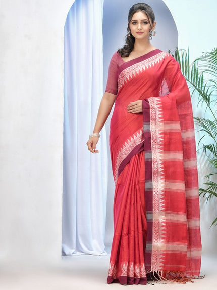Exquisite Red & White Woven Design Tissue Handloom Saree with Unstitched Blouse Piece