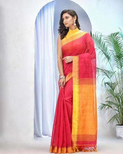 DESH BIDESH Pink & Yellow Silk Cotton Sequinned Saree