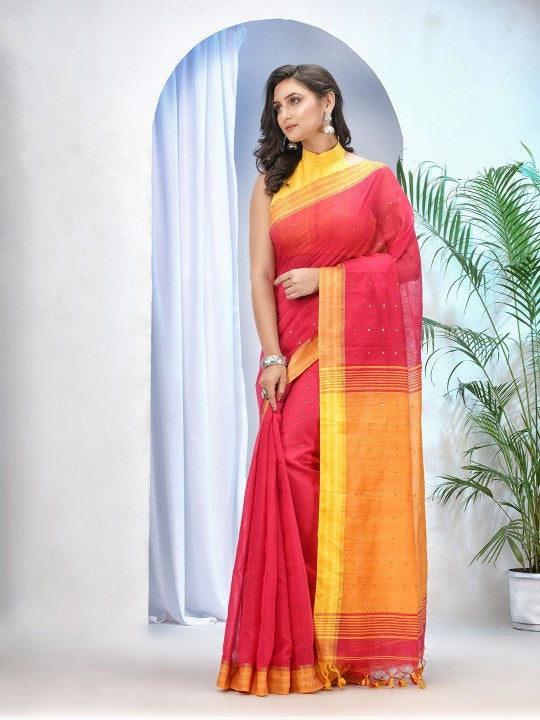 DESH BIDESH Pink & Yellow Silk Cotton Sequinned Saree