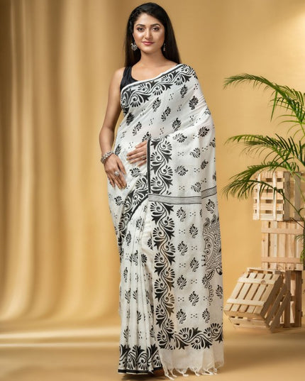 Exquisite Pure Cotton Taant Saree: Elegant Ethnic Motifs with Printed Border