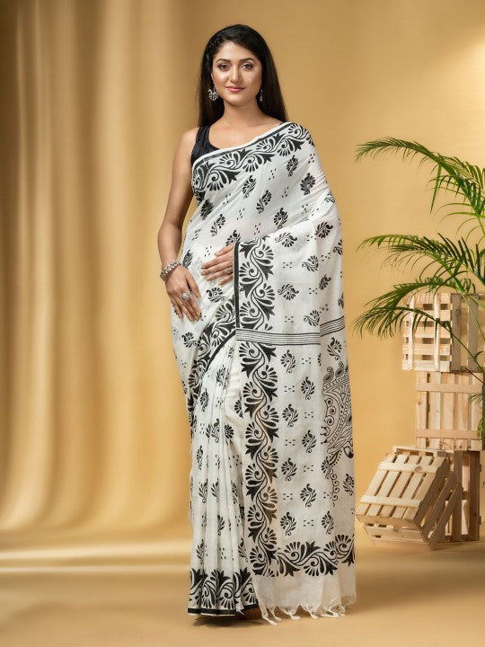 Exquisite Pure Cotton Taant Saree: Elegant Ethnic Motifs with Printed Border
