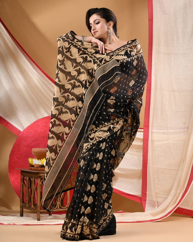 Women's Cotton silk handloom cotton jamdani sarees for women golden party, wear saree latest, Ragini design new, collection tant cotton linen dhakai muslin sarees for women (Black Golden)
