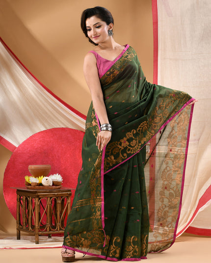 Women cotton silk tant handloom saree mysore party, wear sarees latest, design wedding, banarasi design georgette saree soft silk cotton MidNight Zari sarees for women (Dark Green)