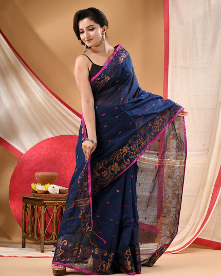 Women cotton silk tant handloom saree mysore party, wear sarees latest, design wedding, banarasi design georgette saree soft silk cotton MidNight Zari sarees for women (Dark Blue)