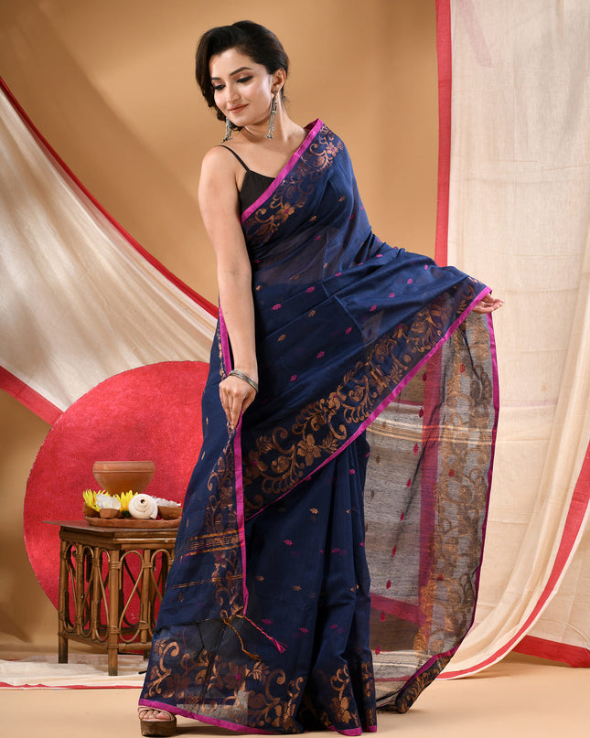 Women cotton silk tant handloom saree mysore party, wear sarees latest, design wedding, banarasi design georgette saree soft silk cotton MidNight Zari sarees for women (Dark Blue)